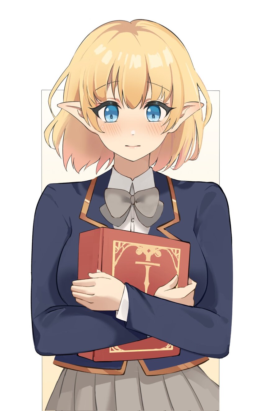 1girl averting_eyes blazer blonde_hair blue_eyes blush book bow bowtie breasts grey_bow grey_bowtie grey_shirt highres holding holding_book holding_to_chest jacket large_breasts original pleated_skirt pointy_ears school_uniform sennei shirt short_hair skirt solo upper_body white_shirt