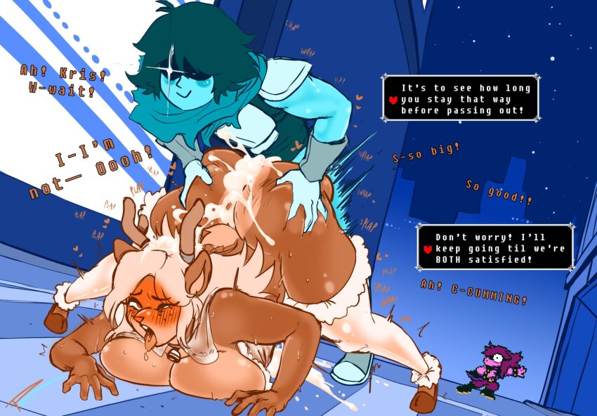 1boy 2girls ahegao ass breast_press breasts clothed_sex cum cum_in_pussy cum_on_ass cum_on_body cum_on_lower_body deltarune dialogue_box english_text fakeryway furry furry_female furry_with_non-furry grabbing_another&#039;s_ass grabbing_from_behind groping huge_breasts interspecies jack-o&#039;_challenge kris_(deltarune) multiple_girls noelle_holiday surprised susie_(deltarune) tongue tongue_out utdr_(toby_fox) vaginal