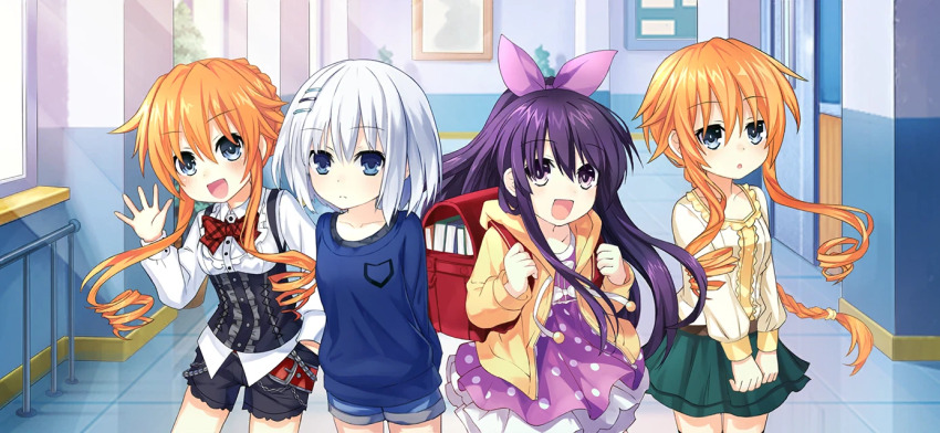 4girls :o aged_down bag blue_eyes braid date_a_live date_a_live:_spirit_pledge drawstring dress drill_hair game_cg hair_between_eyes hair_ornament hairclip hood hoodie indoors light_rays long_hair looking_at_viewer multiple_girls official_art open_mouth orange_hair school_bag short_hair siblings sidelocks smile sunbeam sunlight third-party_source tobiichi_origami twins white_hair yamai_kaguya yamai_yuzuru yatogami_tohka yellow_hoodie
