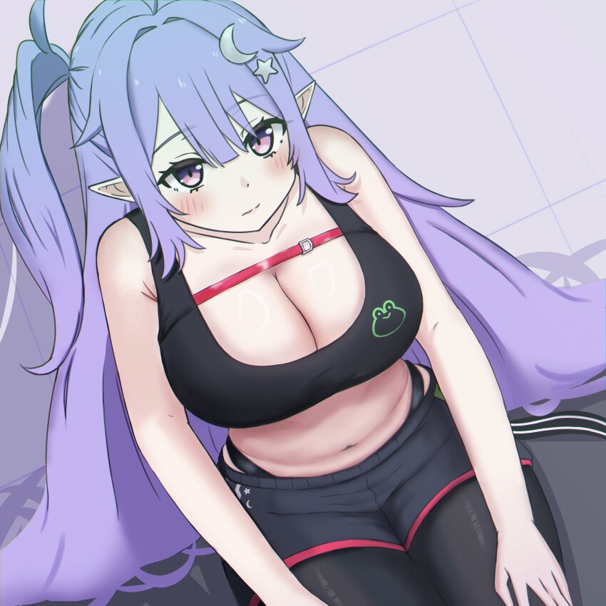 1girl absurdres bare_arms black_pantyhose black_shorts black_sports_bra blush breasts chest_strap cleavage closed_mouth crescent crescent_hair_ornament eepy_sleepy eepy_sleepy_(sleepy_2.0) hair_ornament hand_on_own_thigh highres kan_(kannanii) large_breasts long_hair navel pantyhose phase_connect pointy_ears purple_eyes purple_hair shorts sitting solo sports_bra star_(symbol) star_hair_ornament stomach virtual_youtuber