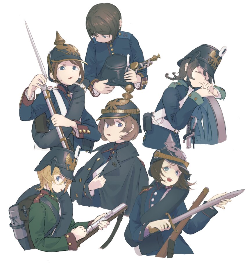 6+girls :p @_@ absurdres antique_firearm backpack bag bayonet bedroll belt black_belt black_coat blonde_hair blue_eyes blue_jacket braid brown_bag brown_hair buttons canteen chin_strap closed_eyes closed_mouth coat combat_helmet combat_knife commentary_request cropped_torso doodles firearm firelock flintlock german_army german_empire germany glaring green_jacket gun gun_sling hair_between_eyes hat hat_ornament helmet highres holding holding_gun holding_headgear holding_knife holding_weapon jacket karasumi_(sumizono) knife leaning leaning_on_object leaning_to_the_side load_bearing_equipment long_hair long_sleeves looking_at_viewer looking_down low_twin_braids matchlock military military_hat military_jacket military_uniform multiple_girls musket open_mouth original pickelhaube plume pouch purple_eyes red_trim rifle scabbard sheath sheathed shirt short_hair shoulder_boards simple_background soldier standing sword teeth tongue tongue_out twin_braids upper_body upper_teeth_only v-shaped_eyebrows wavy_mouth weapon white_background white_belt white_shirt wrist_cuffs