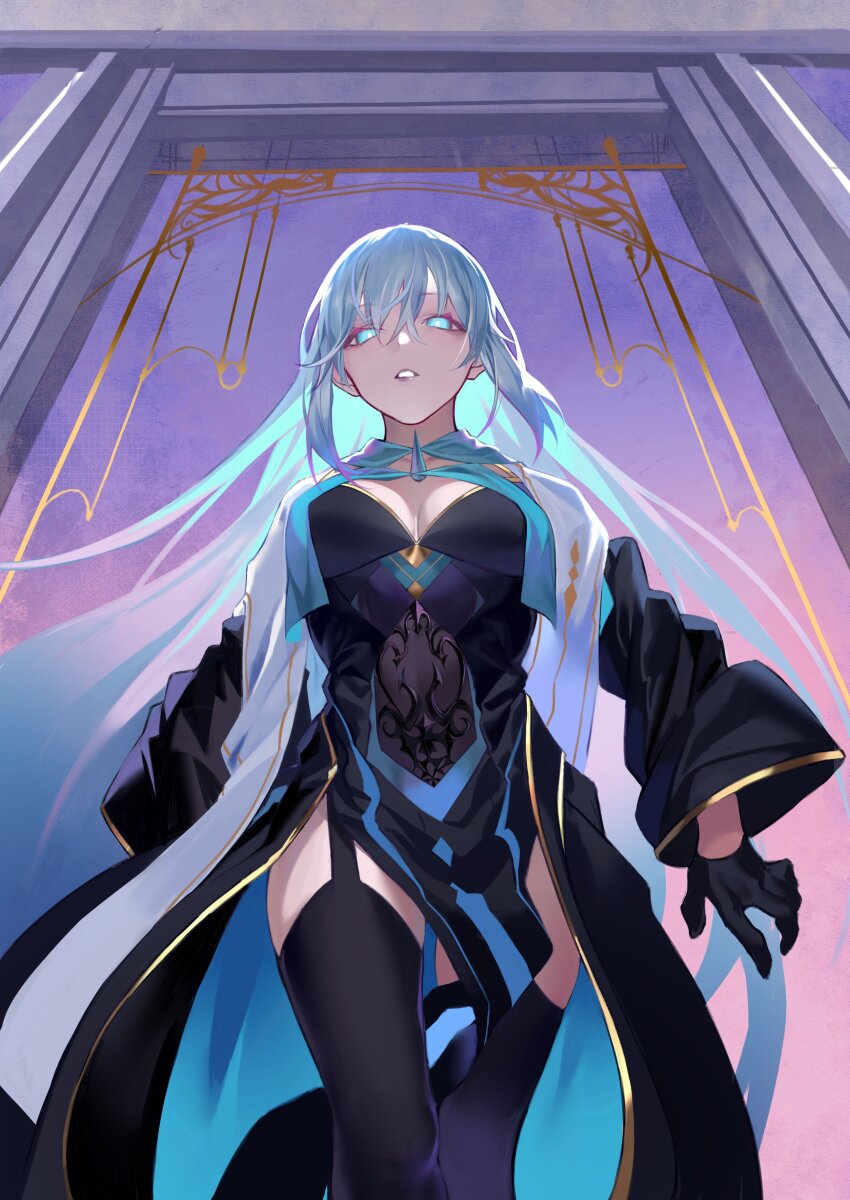 1girl absurdres black_dress black_gloves black_thighhighs blue_eyes dress fate/grand_order fate_(series) gloves highres hiro_(hirohiro_gorira) long_hair looking_at_viewer morgan_le_fay_(fate) morgan_le_fay_(queen_of_winter)_(fate) solo spikes thighhighs very_long_hair white_hair