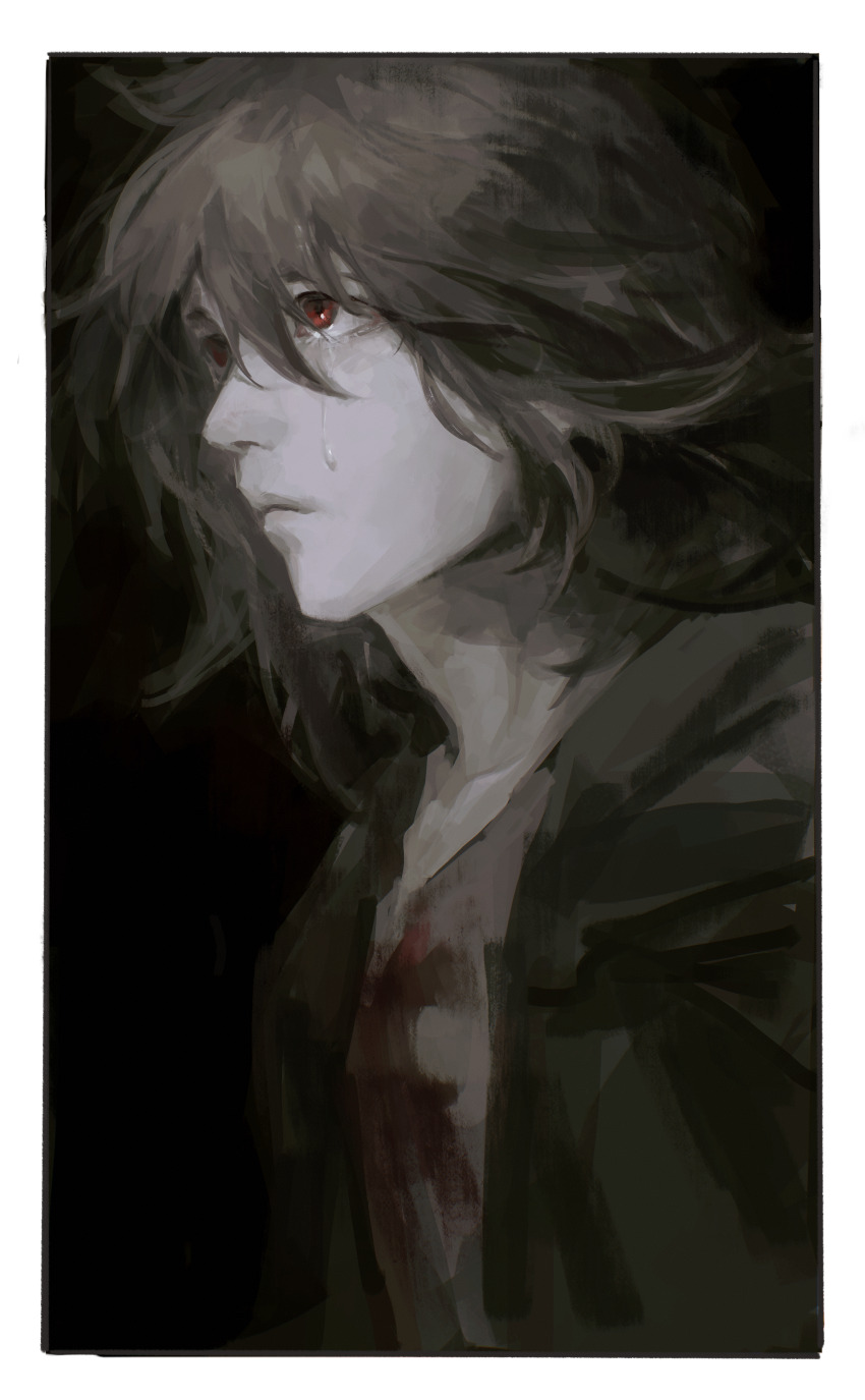 1boy absurdres bad_id bad_lofter_id black_background black_jacket blood blood_on_clothes border brown_hair brown_shirt closed_mouth crying crying_with_eyes_open hair_between_eyes highres isoi_haruki jacket male_focus open_clothes open_jacket pale_skin procreate_(medium) red_eyes saibou_shinkyoku shirt simple_background solo sweat tears the_crowd upper_body white_border