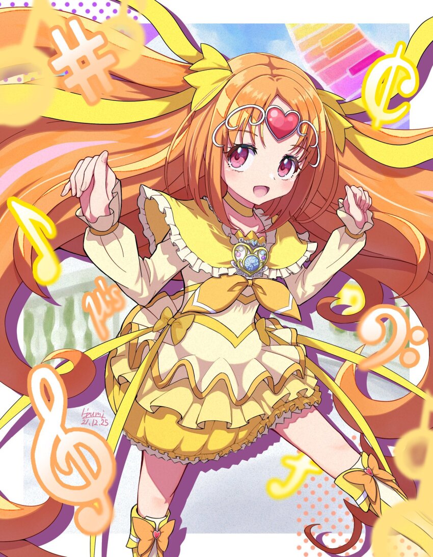 1girl boots bow brooch bubble_skirt choker circlet cure_muse_(yellow) hair_ribbon heart highres instrument jewelry long_hair magical_girl musical_note orange_hair piano precure ribbon shirabe_ako skirt smile solo suite_precure takahashi_hizumi yellow_bow yellow_choker yellow_skirt