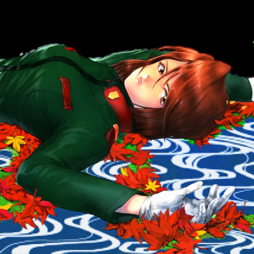 1girl breasts brown_eyes brown_hair commentary_request female_focus fujieda_kaede gloves highres leaf looking_at_viewer lying maple_leaf medium_breasts military military_uniform on_back sakura_taisen sakura_taisen_ii short_hair solo tile_floor tiles white_gloves yuu_(kei)