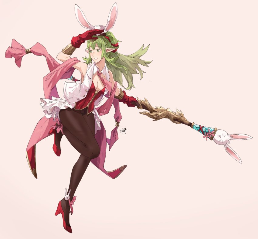 1girl alternate_costume animal_ears bracelet breasts commentary english_commentary fake_animal_ears fire_emblem fire_emblem_awakening gloves green_eyes green_hair hair_ribbon highres holding holding_staff jewelry large_breasts long_hair minerva_(fire_emblem) minerva_(spring)_(fire_emblem) nintendo pantyhose pointy_ears ponytail rabbit_ears ribbon sakuremi simple_background smile solo staff tiara tiki_(adult)_(fire_emblem) tiki_(fire_emblem)