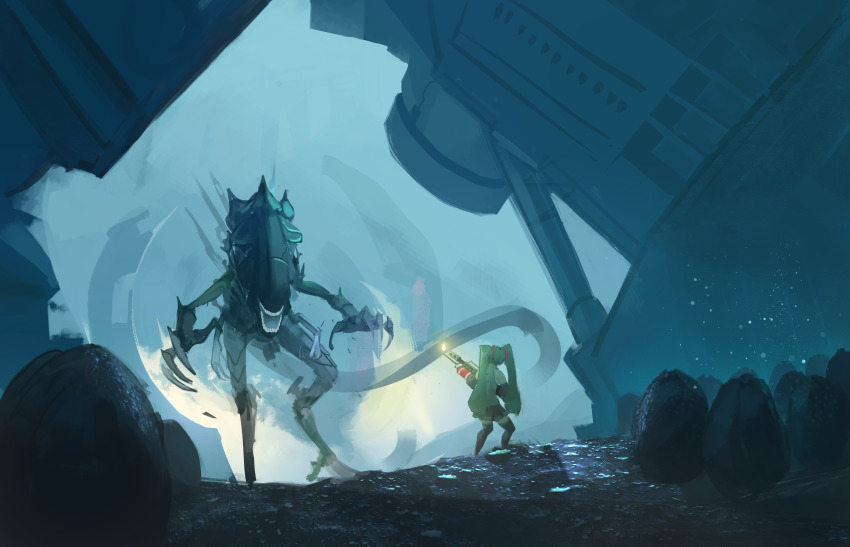 1girl absurdres alien alien_(series) alien_queen aliens_(1986) aqua_hair black_thighhighs claws commentary egg english_commentary flamethrower fog hatsune_miku highres holding holding_flamethrower holding_weapon mightygoodtales pleated_skirt scenery science_fiction skirt thighhighs twintails vocaloid weapon