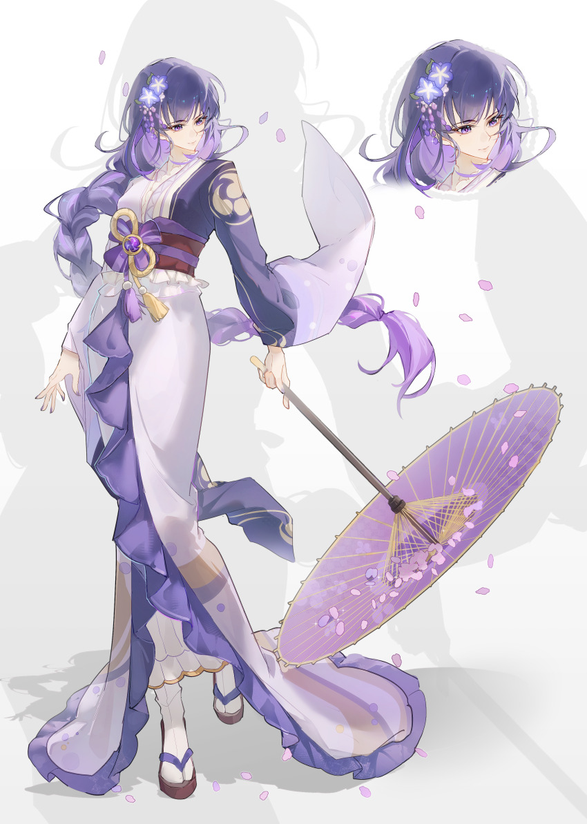 1girl absurdres alternate_costume artist_request blunt_bangs braid chinese_commentary close-up commission dress falling_petals floating_hair flower flower_ornament frilled_kimono frills full_body genshin_impact gradient_hair grey_background hair_floating_upwards hair_flower hair_ornament head_tilt highres holding holding_umbrella japanese_clothes kimono kimono_dress light_smile long_braid long_sleeves looking_down mitsudomoe_(shape) mole mole_under_eye multicolored_eyes multicolored_hair oil-paper_umbrella petals purple_dress purple_eyes purple_flower purple_hair purple_kimono purple_pupils raiden_shogun red_sash sash second-party_source shade shadow single_braid solo standing streaked_hair tomoe_(symbol) umbrella wind