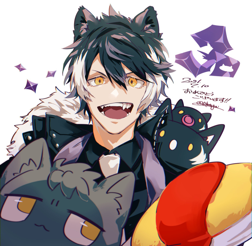 1boy :3 animal_ears bad_id bad_pixiv_id black_coat black_hair black_shirt cat coat congratulations creature creature_on_shoulder eyebrows_hidden_by_hair food fur-trimmed_coat fur_trim hair_between_eyes holostars hotate_rayan kageyama_shien koyama_(kageyama_shien) looking_at_viewer multicolored_hair nakayama_(kageyama_shien) necktie nekoyama_shien omelet omurice on_shoulder open_mouth sharp_teeth shirt simple_background smile solo stole teeth trinero twitter_username two-tone_hair upper_body v-shaped_eyebrows virtual_youtuber white_background white_hair white_necktie yellow_eyes