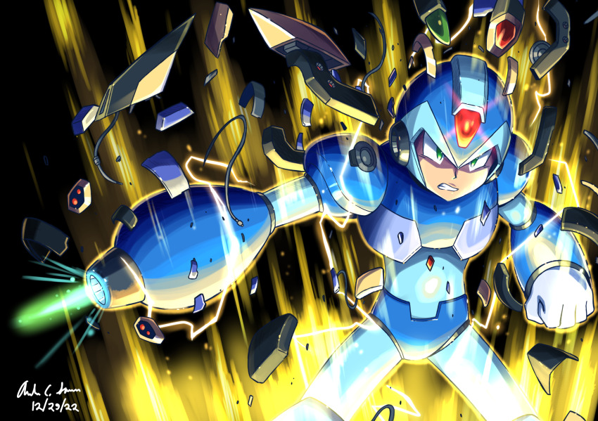 1boy android arm_cannon armor aura black_background blue_armor blue_helmet broken_armor clenched_hand clenched_teeth commentary cowboy_shot dated debris electricity energy english_commentary green_eyes helmet highres innovator123 legs_apart male_focus mega_man_(series) mega_man_x_(series) mega_man_x_dive outstretched_arm powering_up robot shadow signature teeth weapon x_(mega_man)