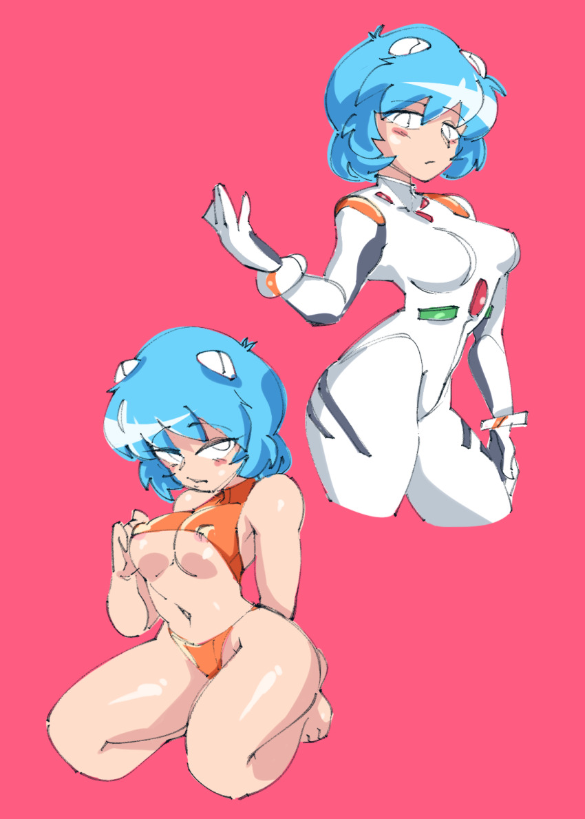 1girl arzonaut ass ayanami_rei barefoot bikini blue_hair bodysuit breasts brown_hair cowboy_shot curvy full_body gloves hair_between_eyes highleg highleg_bikini highres interface_headset_(evangelion) looking_at_viewer looking_back mecha_pilot_suit multiple_views neon_genesis_evangelion nipple_slip nipples open_mouth orange_bikini panties plugsuit_(evangelion) red_background shiny_clothes short_hair simple_background skindentation smile smug squatting swimsuit thong_bikini underwear white_bodysuit