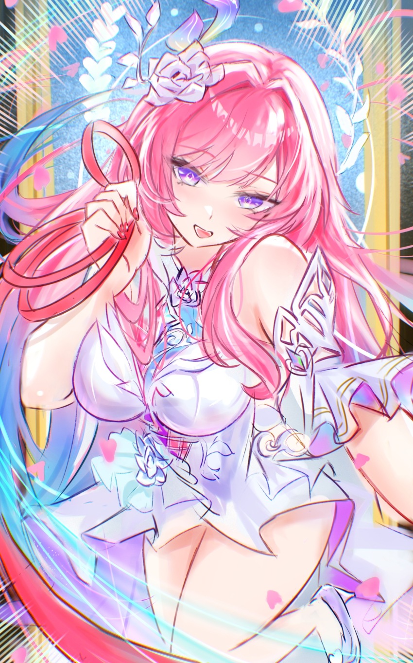 1girl absurdres armlet bare_shoulders breasts commentary cyrene_(honkai:_star_rail) cyrene_(ripples_of_past_reverie)_(honkai:_star_rail) diamond-shaped_pupils diamond_(shape) dress fingernails flower gradient_hair hair_flower hair_ornament highres honkai:_star_rail honkai_(series) jewelry large_breasts long_hair looking_at_viewer mira_(mirarizsoti) multicolored_hair nail_polish open_mouth pink_hair pink_nails purple_eyes purple_flower purple_hair purple_rose rose smile solo symbol-shaped_pupils thighs white_dress