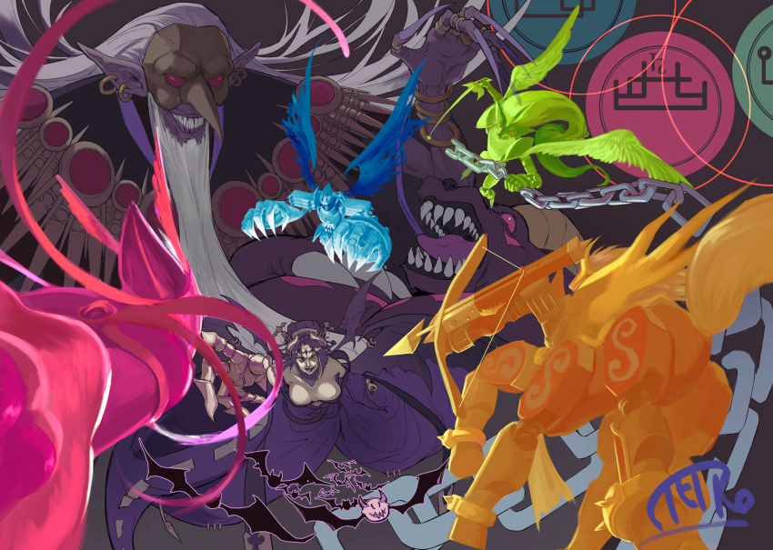 1girl barbamon bare_shoulders battle beard black_hair bow_(weapon) breasts centauroid chain cleavage crossbow ctk_tamer demon_girl digimon digimon_(creature) duftmon dynasmon extra_legs facial_hair facial_mark feathered_wings forehead_mark highres holding holding_sword holding_weapon knight lilithmon long_hair lordknightmon mask sleipmon sword taur torn_wings weapon white_hair wings