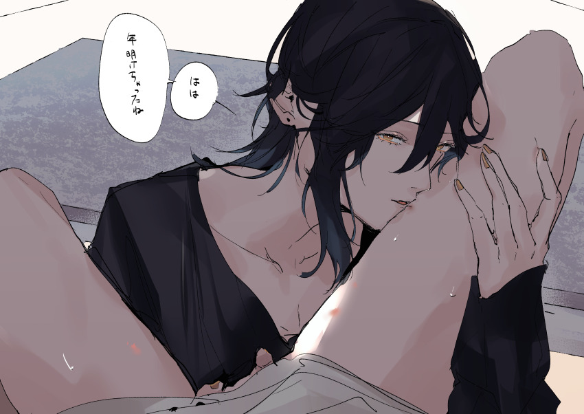 2girls absurdres black_hair black_shirt commentary_request earrings female_pov fingering hand_on_another&#039;s_thigh highres ito_shiori jewelry kicking long_sleeves looking_at_viewer medium_hair multiple_girls original parted_lips pov sara_turner shirt shisa_co speech_bubble spread_legs stud_earrings sweat thigh_biting translation_request yellow_eyes yellow_nails yuri