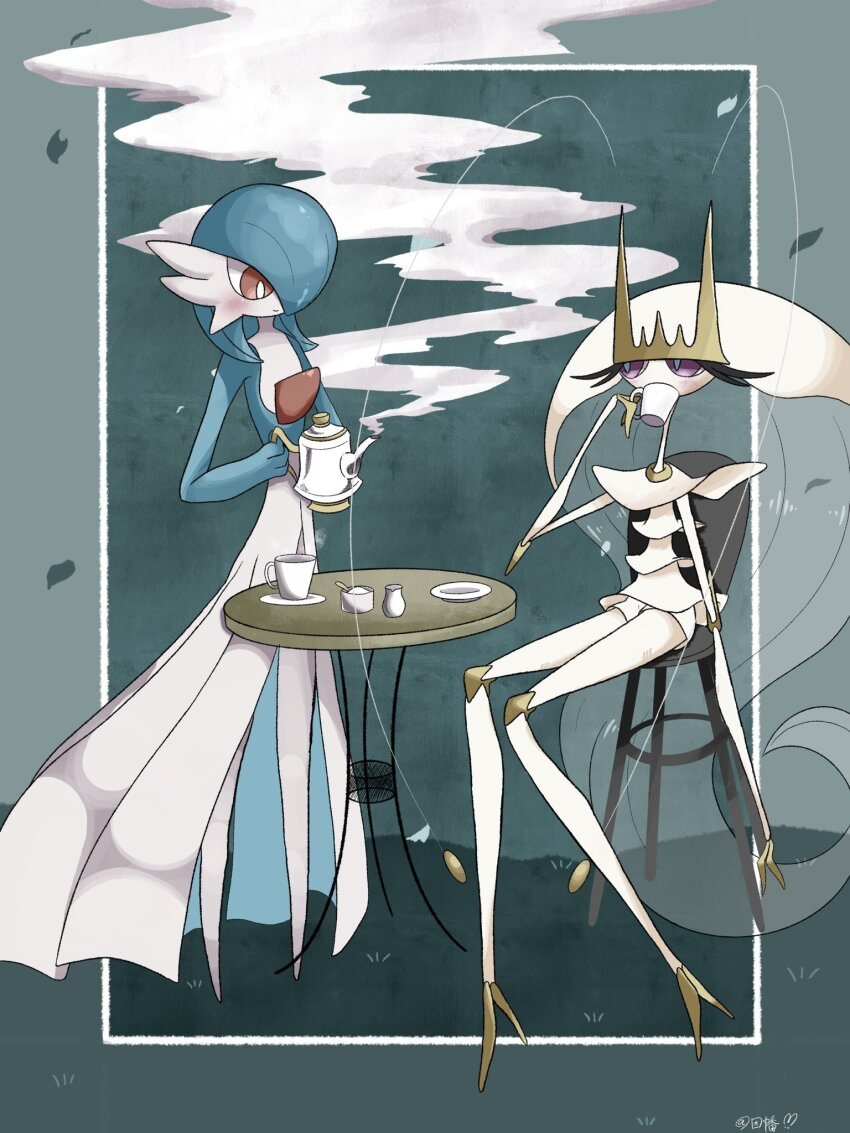 alternate_color antenna_hair blue_hair blue_skin blush bob_cut chair colored_skin cup dress gardevoir gen_3_pokemon gen_7_pokemon hair_over_one_eye highres holding holding_cup holding_teapot inb795 multicolored_skin nintendo on_chair pheromosa pokemon pokemon_(creature) purple_eyes shiny_pokemon signature sitting table teapot two-tone_skin ultra_beast white_dress white_skin