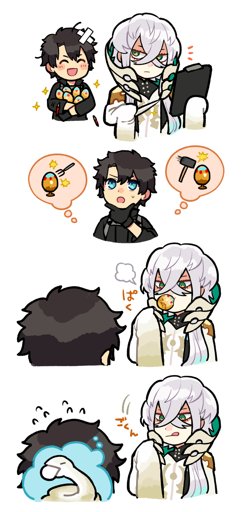 2boys absurdres asclepius_(fate) black_gloves black_hair blue_eyes clipboard crossed_bangs eating egg fate/grand_order fate_(series) fork fujimaru_ritsuka_(male) gloves gradient_hair grey_hair hammer highres holding holding_clipboard holding_egg kinakotatu licking_lips male_focus multicolored_hair multiple_boys short_hair sleeves_past_wrists snake thinking tongue tongue_out white_background