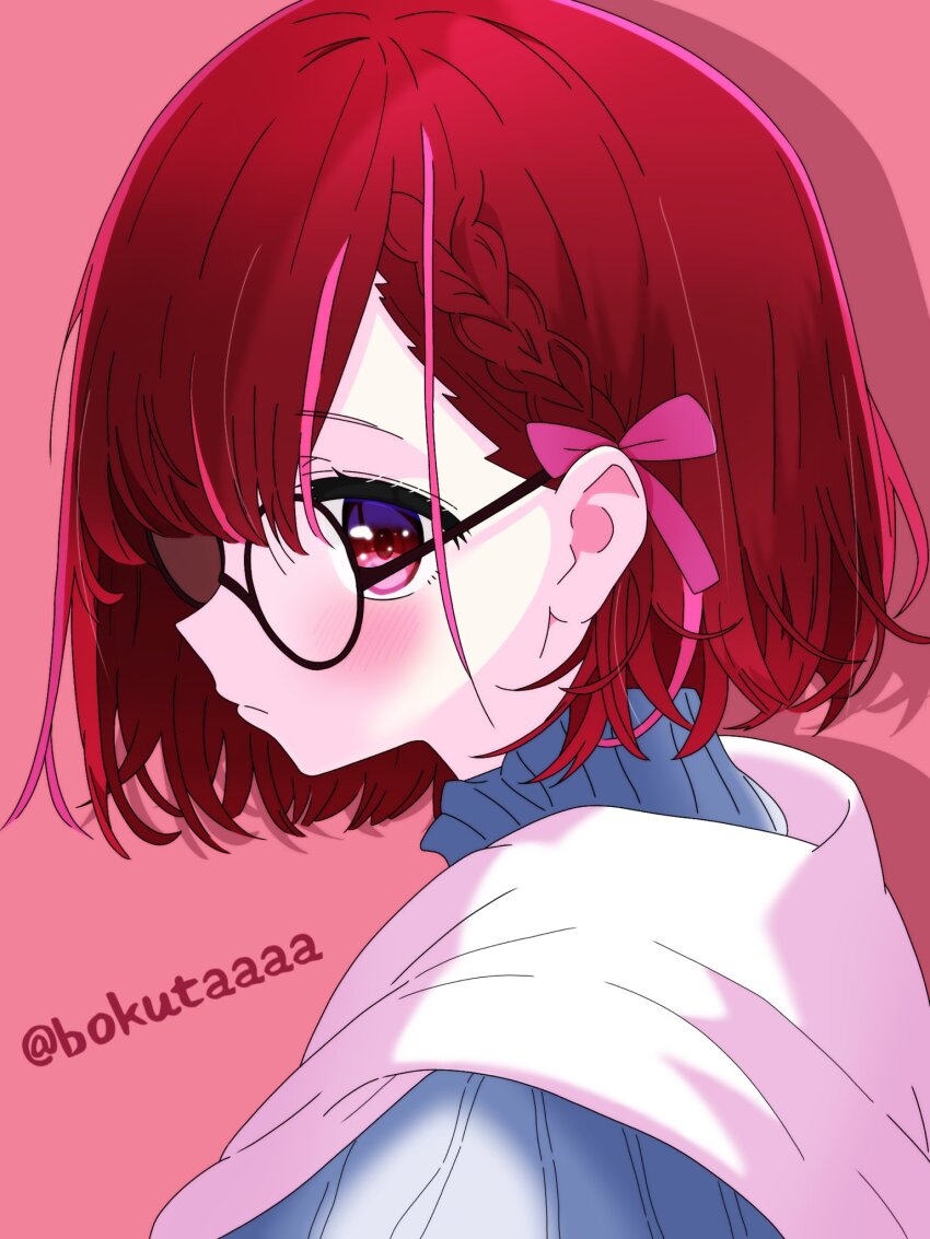 1girl arima_kana blue_shirt bob_cut bokutaaaa hair_ribbon highres inverted_bob oshi_no_ko pink_background pink_ribbon red_eyes red_hair ribbon shirt short_hair simple_background solo upper_body