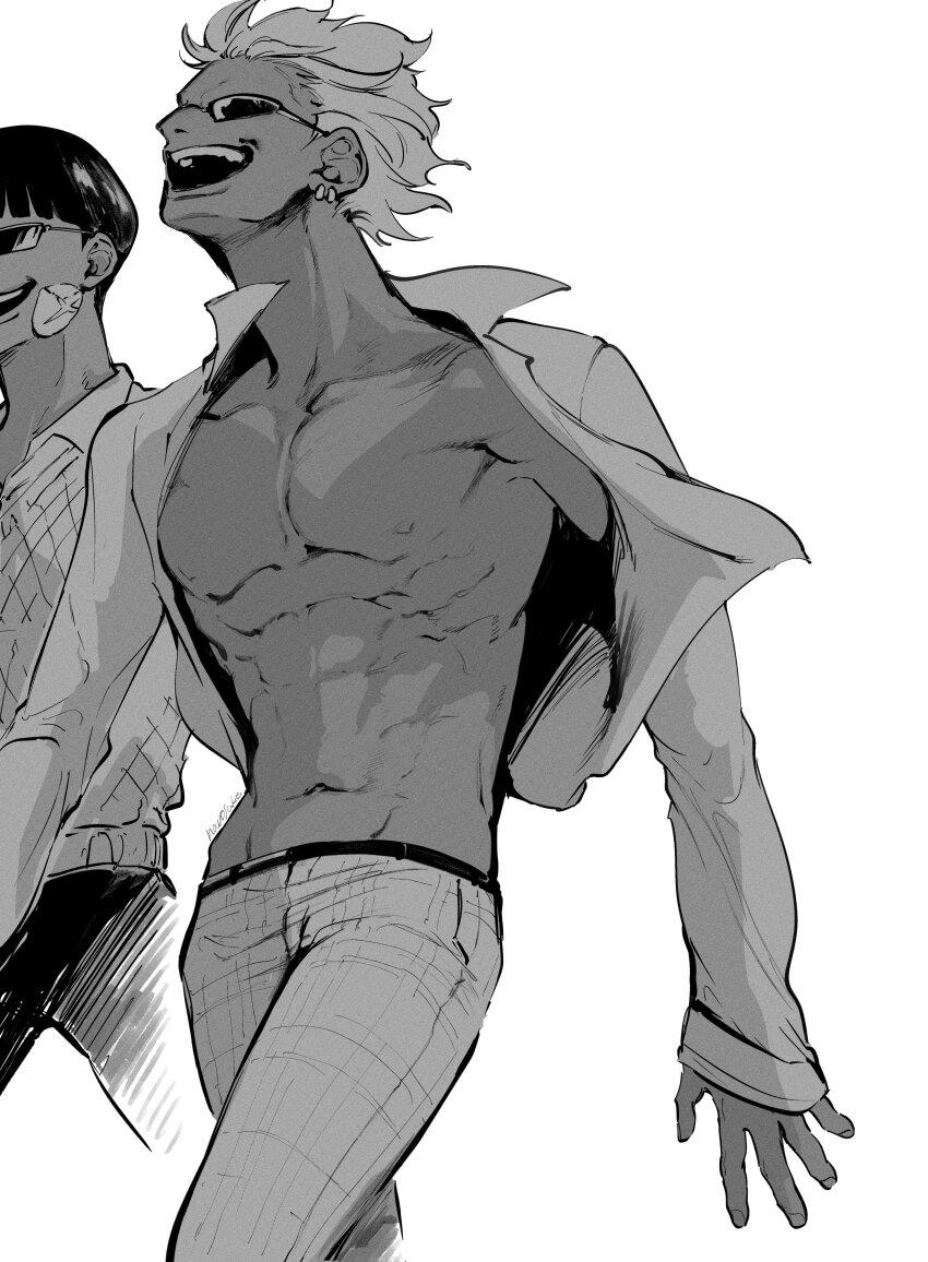 2boys absurdres aged_down black_hair blonde_hair bowl_cut cowboy_shot donquixote_doflamingo earrings food food_on_face highres jewelry laughing male_focus multiple_boys muscular muscular_male navel nowosuke one_piece open_clothes open_mouth open_shirt shirt simple_background smile sunglasses teeth vergo_(one_piece) white_background white_shirt