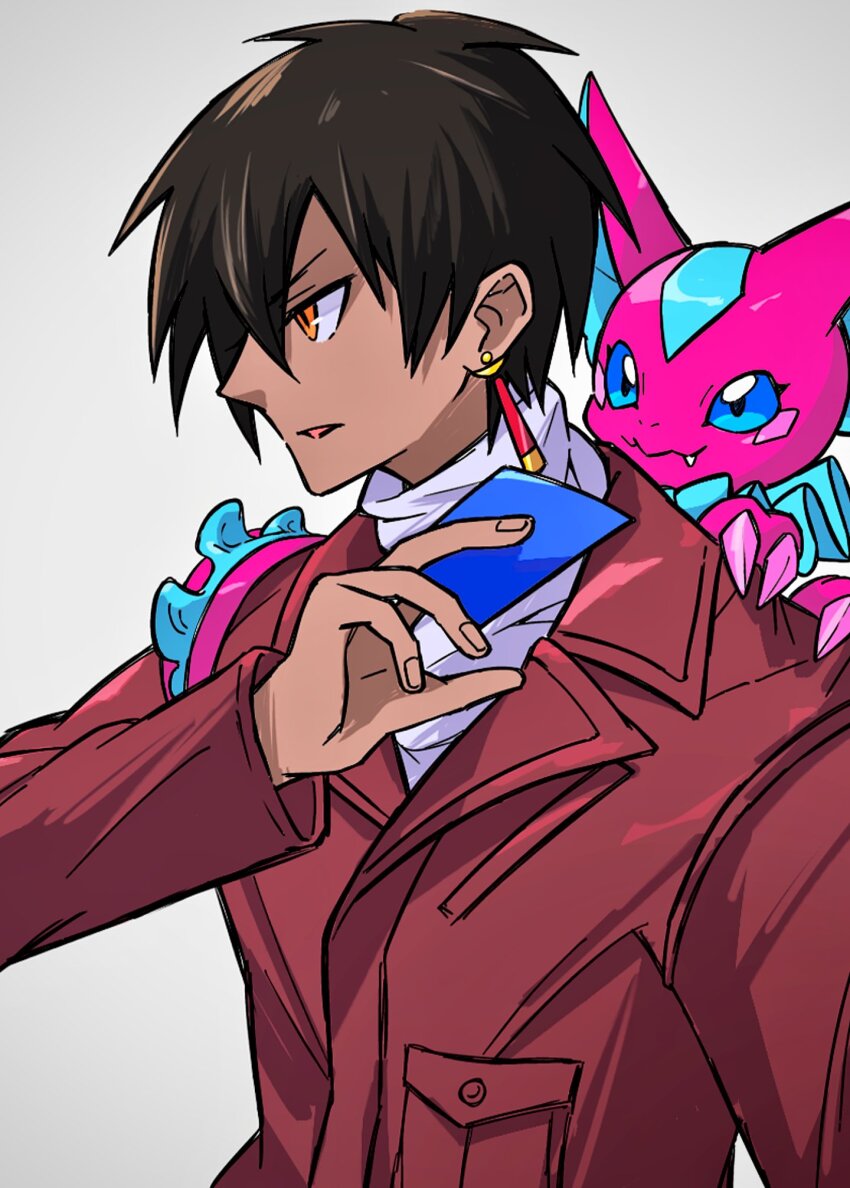 1boy 1girl :3 animal animal_on_shoulder black_hair blue_eyes brown_jacket card dark-skinned_male dark_skin digimon digimon_(creature) digimon_card_game digimon_liberator earrings elizamon fang from_side grey_background highres holding holding_card jacket jewelry lizard nagoshi orange_eyes owen_dreadnought pink_scales profile simple_background trading_card upper_body