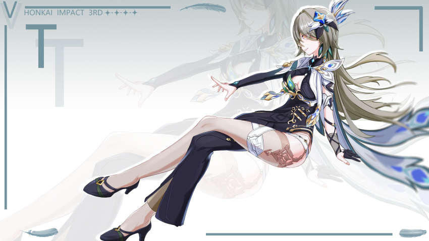 1girl absurdres black_bodysuit black_gloves bodysuit breasts chinese_commentary cleavage_cutout clothing_cutout commentary_request copyright_name crossed_bangs gloves greyscale high_heels highres honkai_(series) honkai_impact_3rd large_breasts long_hair monochrome partially_fingerless_gloves purple_eyes single_leg_bodysuit solo very_long_hair vita_(honkai_impact) vita_(lone_planetfarer)_(honkai_impact) wuling_yl