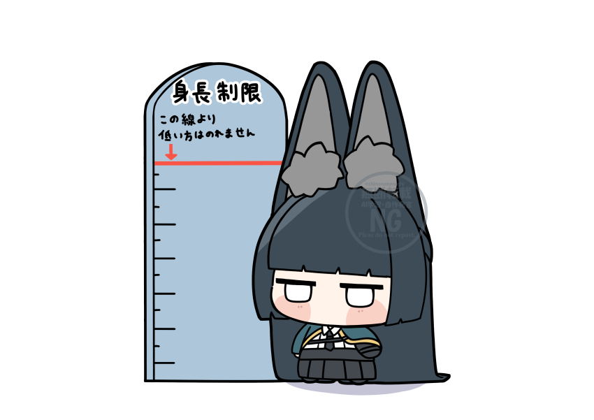 1girl absurdly_long_hair absurdres animal_ear_fluff animal_ears aqua_capelet black_hair black_necktie black_skirt blunt_bangs blunt_ends blush_stickers chibi commentary_request full_body height_chart highres hime_cut hoshimi_miyabi jitome long-eared_miyabi_(meme) long_hair meme necktie no_mouth pleated_skirt shinonome_nashi shirt simple_background skirt solo standing translation_request very_long_ears very_long_hair watermark white_background white_eyes white_shirt zenless_zone_zero