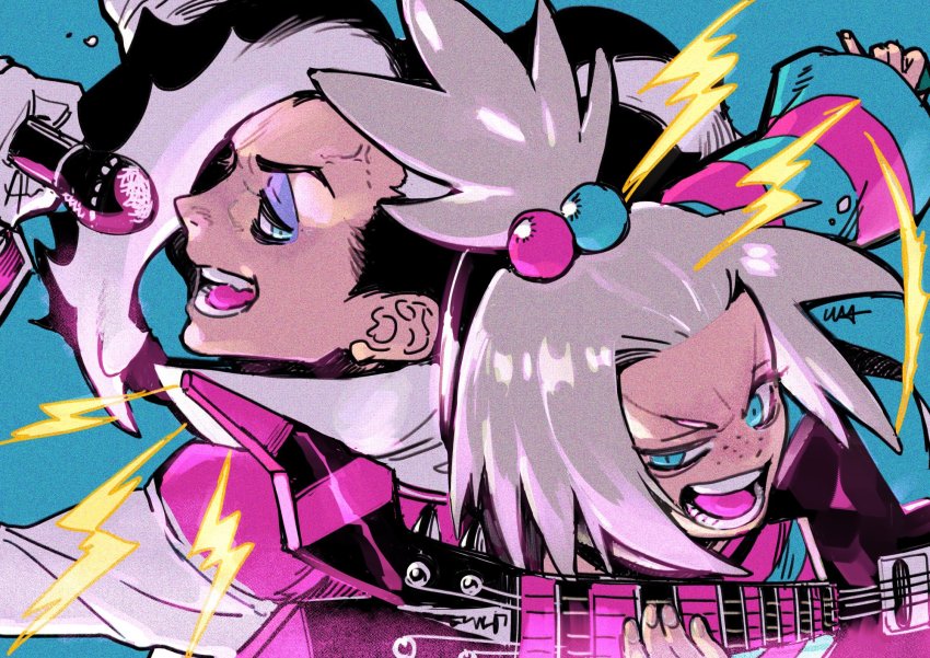 1boy 1girl bass_guitar black_hair commentary_request eyeshadow film_grain forehead freckles gloves green_background green_eyes grey_hair gym_leader hair_bobbles hair_ornament highres holding holding_instrument holding_microphone instrument jacket long_sleeves makeup microphone multicolored_hair nintendo open_mouth piers_(pokemon) pokemon pokemon_bw2 pokemon_swsh purple_eyeshadow roxie_(pokemon) smile teeth tongue two-tone_hair usakomu_(komugiko) v-shaped_eyebrows white_hair