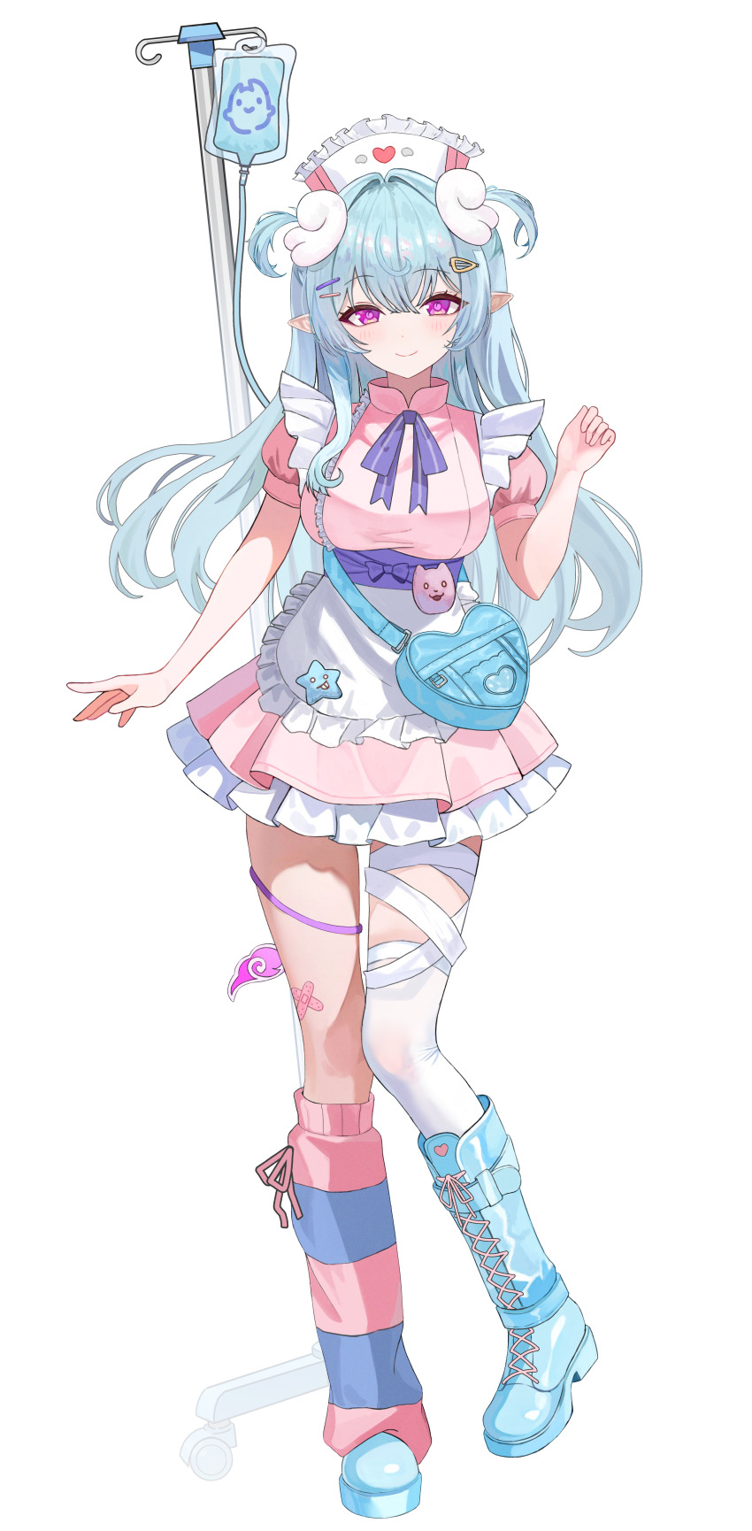 1girl absurdres alternate_costume asymmetrical_legwear bandaged_leg bandages blue_boots blue_hair boots breasts closed_mouth dress full_body genshin_impact hat highres intravenous_drip large_breasts leg_warmers looking_at_viewer nurse nurse_cap pink_dress pointy_ears purple_eyes simple_background single_leg_warmer single_thighhigh smile solo standing striped_leg_warmers tail thighhighs white_background white_leg_warmers white_thighhighs yamu_(yamu_030) yumemizuki_mizuki