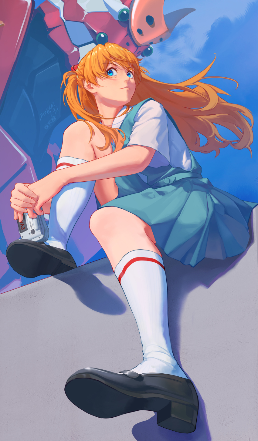1girl absurdres black_shoes blue_eyes blue_skirt blue_sky chinese_commentary closed_mouth commentary_request dated eva_02 evangelion_(mecha) floating_hair hair_ornament highres holding kneehighs loafers long_hair looking_to_the_side mecha mmtang neon_genesis_evangelion orange_hair pleated_skirt robot school_uniform science_fiction shadow shoes short_sleeves sitting skirt sky socks solo souryuu_asuka_langley tokyo-3_middle_school_uniform white_socks