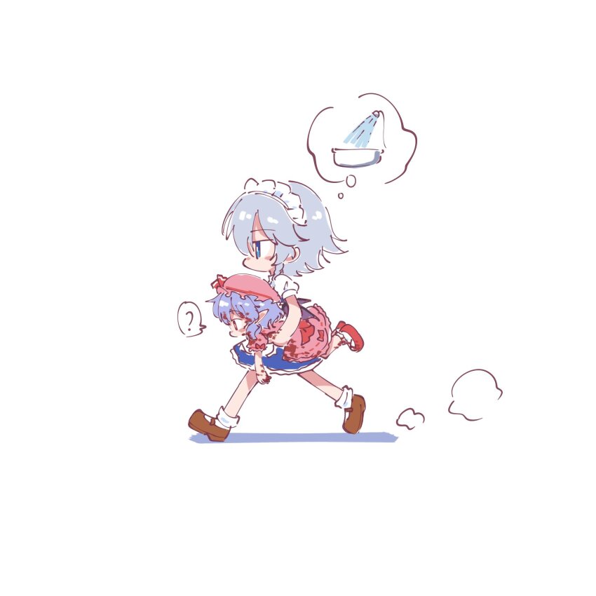 2girls ? apron bat_wings blood blood_in_hair blood_on_clothes blood_on_hands blue_eyes blue_hair braid brown_shoes carrying carrying_person carrying_under_arm commentary_request dress grey_hair hat hat_ribbon highres izayoi_sakuya long_hair maid maid_headdress mob_cap multiple_girls pink_dress pink_hat pointy_ears puffy_short_sleeves puffy_sleeves red_ribbon red_shoes remilia_scarlet ribbon shoes short_sleeves socks spoken_question_mark suteruko touhou waist_apron white_socks wings