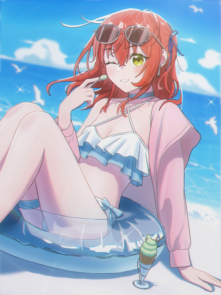 1girl absurdres aqua_choker beach bikini blue_ribbon blue_sky bocchi_the_rock! choker cloud day frilled_bikini frills hair_ribbon highres jacket kita_ikuyo knees_up long_hair ocean on_innertube one_eye_closed one_side_up outdoors pink_jacket red_hair ribbon sky solo swimsuit thighs white_bikini yuyuu