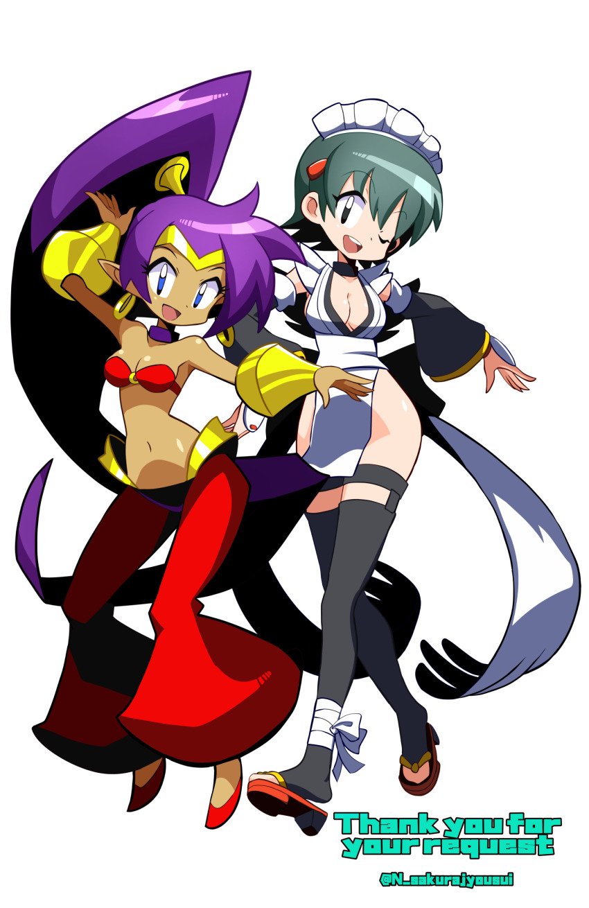 2girls blue_eyes breasts cleavage detached_sleeves highres iroha_(samurai_spirits) large_breasts long_hair maid maid_headdress multiple_girls navel sakurajyousui_nami samurai_spirits shantae shantae_(series) snk thighhighs