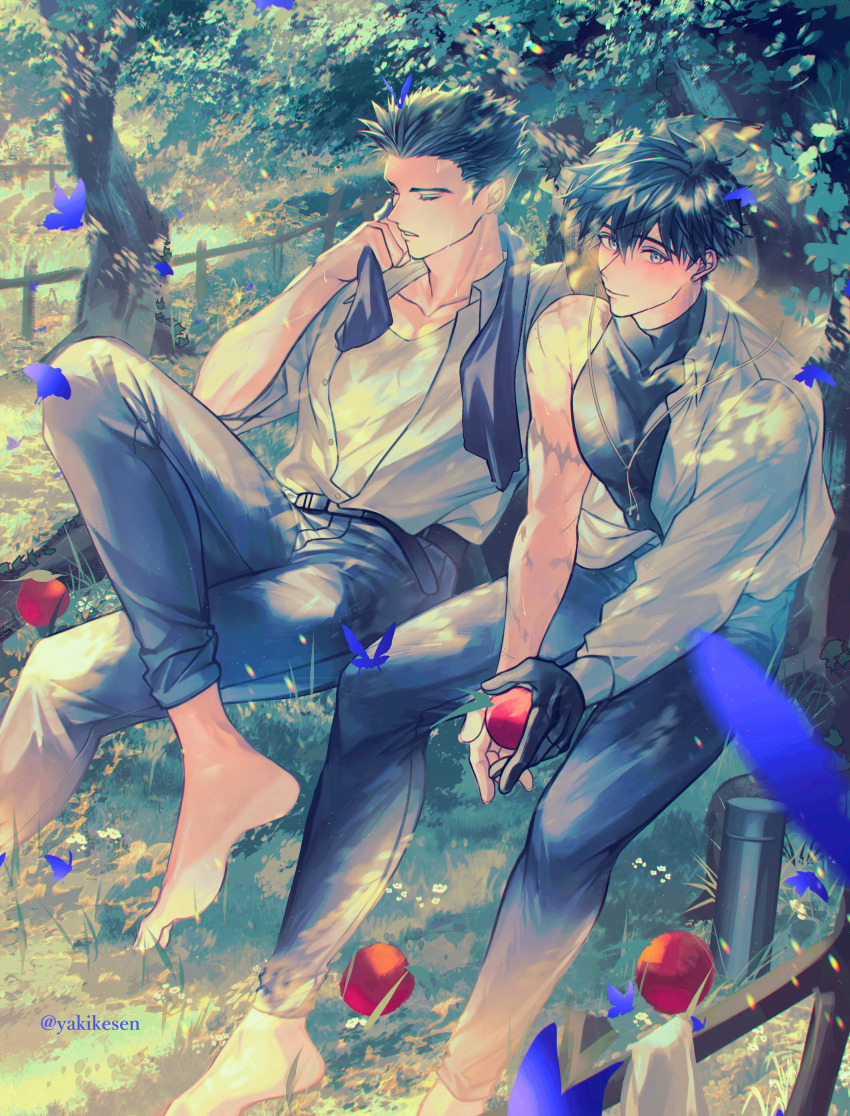 2boys absurdres apple barefoot black_hair black_shirt blue_butterfly brothers bug butterfly crossed_legs fence food fruit highres holding holding_food holding_fruit insect looking_at_viewer male_focus millions_knives multiple_boys parted_lips prosthesis prosthetic_arm shirt siblings sitting towel towel_around_neck tree trigun trigun_stampede vash_the_stampede white_shirt yakikesen