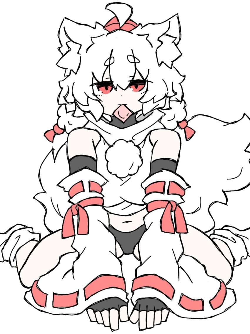 1girl ahoge animal_ear_fluff animal_ears black_gloves black_panties breasts closed_mouth condom condom_in_mouth condom_wrapper detached_sleeves elbow_gloves expressionless fingerless_gloves full_body fumomono gloves hat highres inubashiri_momiji looking_at_viewer medium_breasts mouth_hold navel no_pants panties pom_pom_(clothes) red_eyes red_hat ribbon-trimmed_sleeves ribbon_trim shirt short_hair simple_background sitting sleeveless sleeveless_shirt solo tail tokin_hat touhou turtleneck turtleneck_shirt underwear wariza white_background white_hair white_shirt white_sleeves wolf_ears wolf_girl wolf_tail