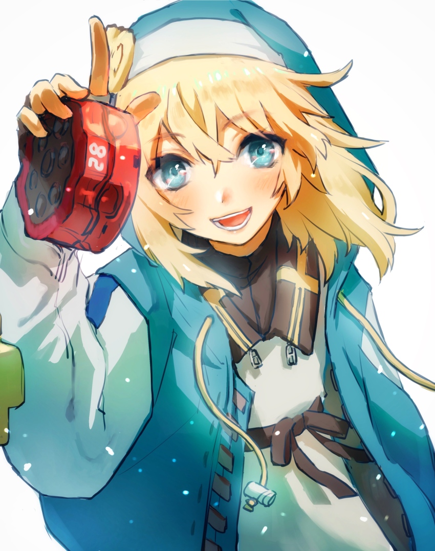 1boy 2022 androgyne_symbol androgynous blonde_hair blue_eyes blue_jacket blush bridget_(guilty_gear) cat_cat_mammoth dated_commentary guilty_gear guilty_gear_strive hair_between_eyes highres holding holding_toy holding_weapon hood hooded_jacket jacket light_particles looking_at_viewer male_focus medium_hair open_mouth simple_background smile solo teeth toy translated trap weapon white_background yo-yo