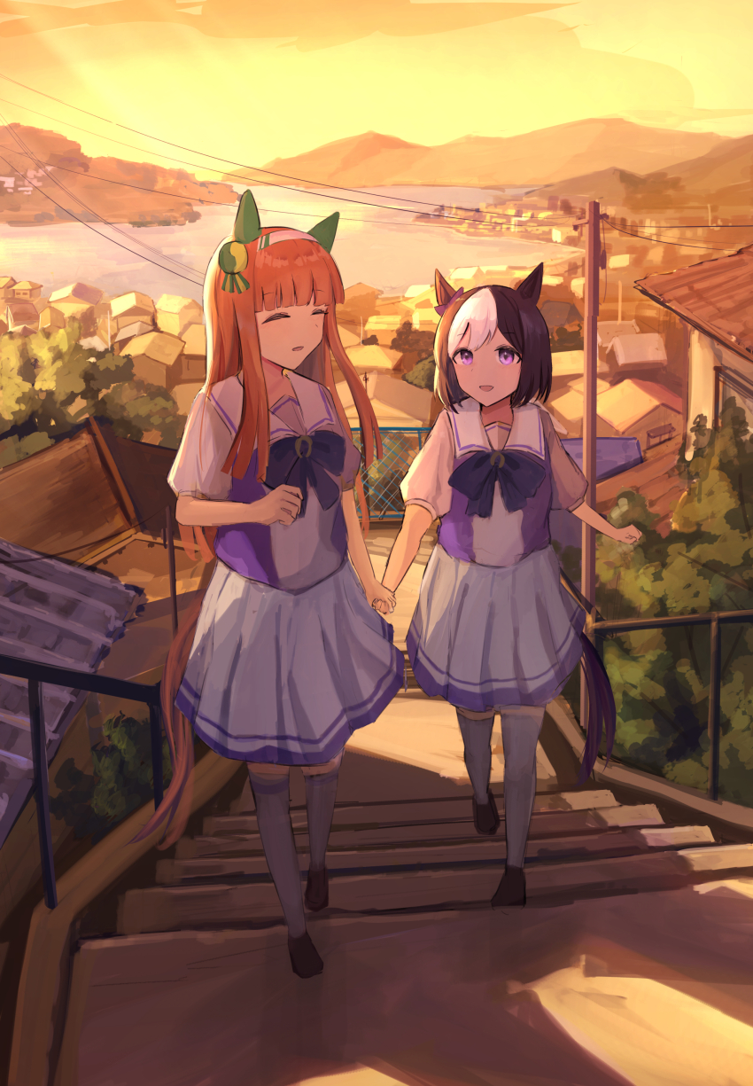 2girls ^_^ absurdres animal_ears blunt_bangs bow bowtie braid brown_footwear brown_hair building closed_eyes ear_covers fence hairband highres hime_cut holding_hands horse_ears horse_girl horse_tail house loafers looking_at_another mountain mountainous_horizon multicolored_hair multiple_girls open_mouth orange_hair outdoors pleated_skirt power_lines puffy_short_sleeves puffy_sleeves purple_bow purple_bowtie purple_eyes purple_shirt railing sailor_collar sailor_shirt scenery school_uniform seikatsu serafuku shirt shoes short_hair short_sleeves silence_suzuka_(umamusume) skirt smile special_week_(umamusume) stairs summer_uniform sunset tail thighhighs town tracen_school_uniform tree two-tone_hair umamusume utility_pole walking white_hair white_hairband white_skirt white_thighhighs yuri