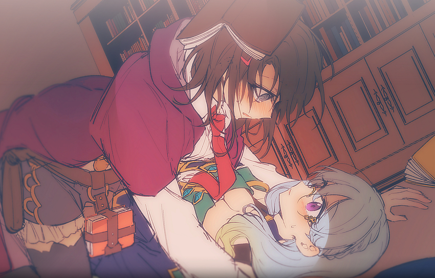2girls @_@ bang_dream! belt_pouch black_hair black_pantyhose blue_eyes blue_hair blush book book_on_head breasts cleavage cloak commentary_request dutch_angle highres hood hooded_cloak indoors large_breasts library long_hair long_sleeves matsubara_kanon medium_hair multiple_girls necktie object_on_head okusawa_misaki opi pantyhose parted_lips pouch purple_eyes red_cloak red_necktie shirt straddling sweat white_shirt yukadon yuri