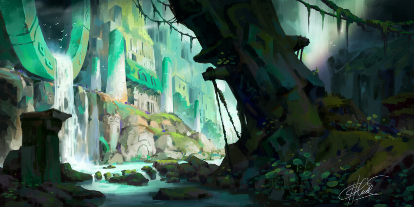 chinnkun fantasy flock fog green_theme landscape no_humans original painterly plant river rock ruins signature sunlight vines water