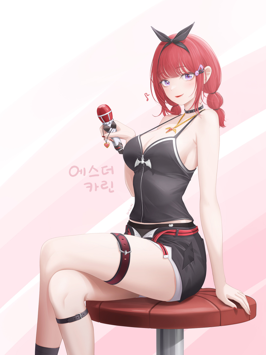 1girl bare_arms bare_shoulders belt black_choker black_shirt black_shorts breasts charon_universe choker cleavage closed_mouth crossed_legs fang hair_ornament hair_ribbon hairclip halterneck hand_up highres holding holding_microphone jewelry karin_(charon_universe) lipstick looking_at_viewer low_twintails makeup medium_breasts microphone midriff_peek myomomoo nail_polish necklace purple_eyes red_hair ribbon shirt short_shorts shorts sitting sleeveless sleeveless_shirt smile solo spaghetti_strap stool strap_gap thigh_belt thigh_strap thighs twintails virtual_youtuber
