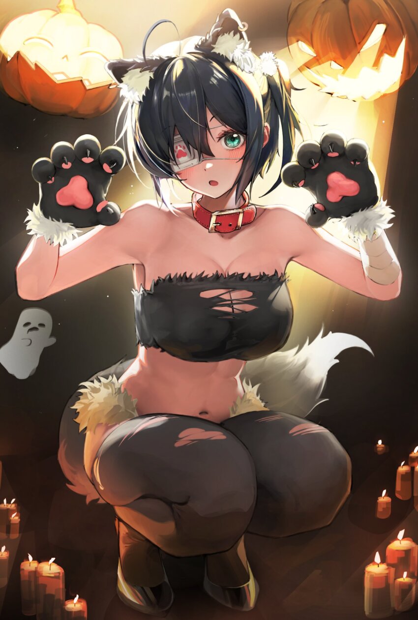 1girl animal_ear_fluff animal_ear_piercing animal_ears animal_hands aqua_eyes black_claws black_hair black_thighhighs blush breasts chuunibyou_demo_koi_ga_shitai! cleavage eyepatch fake_claws gloves gunu_(nyzn3223) hair_between_eyes highres large_breasts looking_at_viewer medical_eyepatch one_side_up open_mouth paw_gloves paw_pose paw_print pumpkin short_hair solo squatting tail takanashi_rikka thighhighs thighs torn_clothes torn_thighhighs werewolf_costume wolf_ears wolf_paws wolf_tail