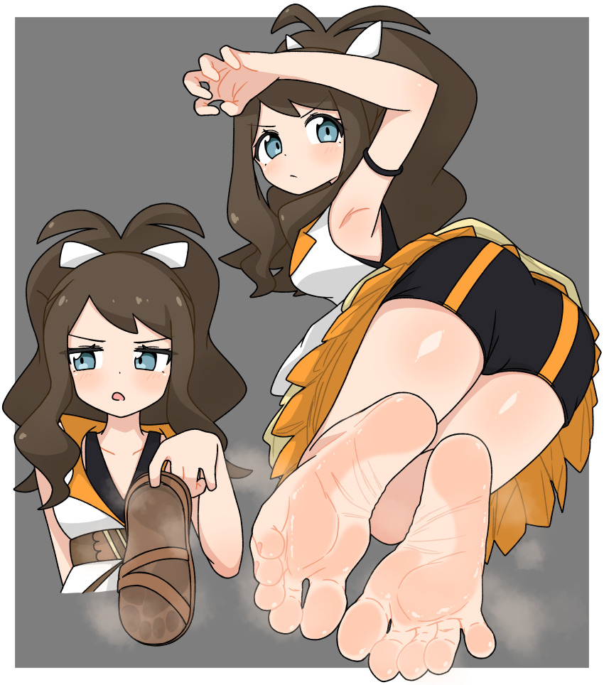 1girl absurdres ass barefoot blue_eyes blush brown_hair feet highres hilda_(pokemon) hilda_(sygna_suit)_(pokemon) long_hair looking_at_viewer looking_to_the_side nairo nintendo parted_lips pokemon pokemon_masters_ex sandals shoes single_shoe soles steam toes unworn_sandals unworn_shoes