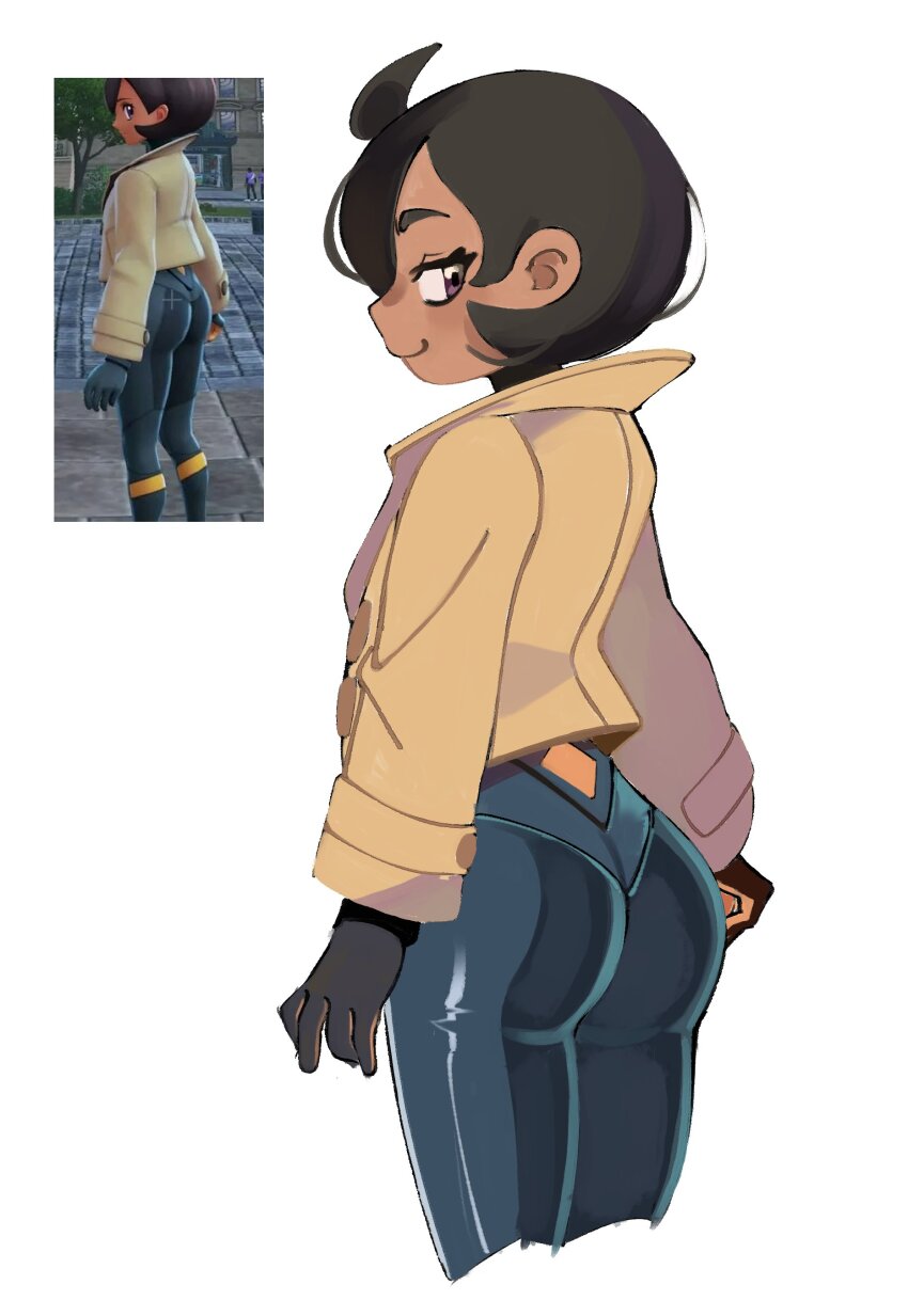 1girl absurdres ass black_bodysuit black_gloves black_hair bodysuit brown_coat closed_mouth coat commentary emma_(pokemon) english_commentary from_behind gloves hair_ornament highres looking_at_viewer nintendo photo-referenced pokemon pokemon_legends:_z-a purple_eyes short_hair simple_background smile uzinaaaa white_background