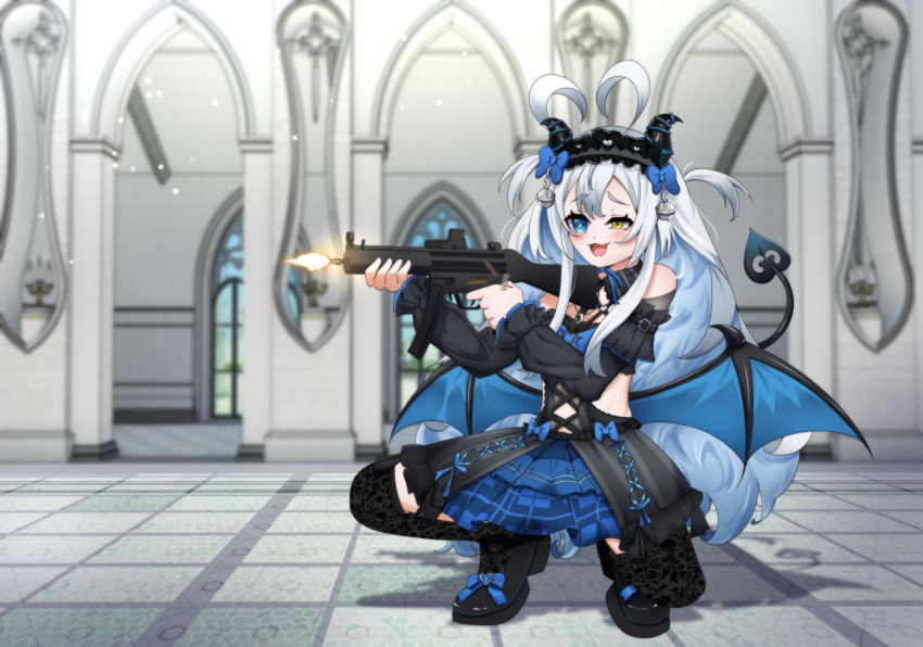 1girl absurdres aiming akugaki_koa blue_eyes blush bow commission crouching demon_girl demon_horns demon_tail demon_wings dress firing gun gunslinger_girl heterochromia highres horns chromashift indoors long_hair muzzle_flash open_mouth parody ribbon shadow shironomi shoes skirt stone_floor submachine_gun tail very_long_hair virtual_youtuber weapon white_hair window wings yellow_eyes