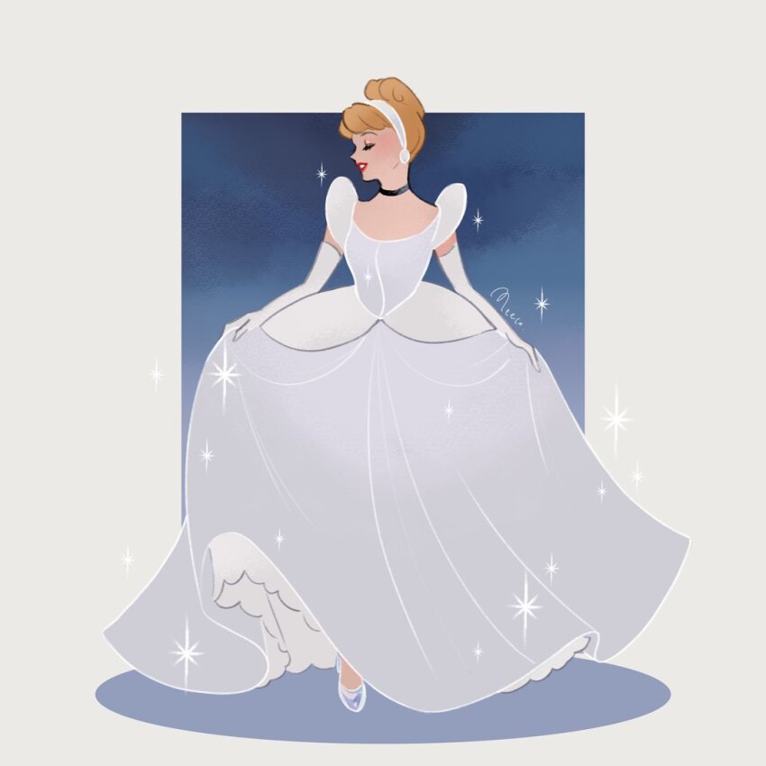 1girl ball_gown blonde_hair blue_dress choker cinderella_(disney_character) cinderella_(disney_movie) closed_mouth dress earrings elbow_gloves full_body glass_slipper gloves gown hair_bun hairband jewelry meecosme princess short_hair skirt_hold smile solo