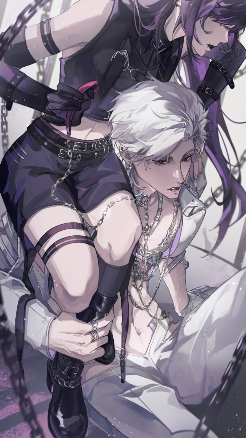 1boy 1girl bare_shoulders black_boots black_gloves black_shirt black_skirt boots chain chain_necklace crop_top earrings elbow_gloves gloves grey_pants hair_between_eyes highres jewelry long_hair love_and_deepspace midriff miniskirt navel necklace open_mouth pants protagonist_(love_and_deepspace) purple_hair red_eyes shirt short_hair sitting_on_shoulder skirt swept_bangs sylus_(love_and_deepspace) white_hair yibai0419