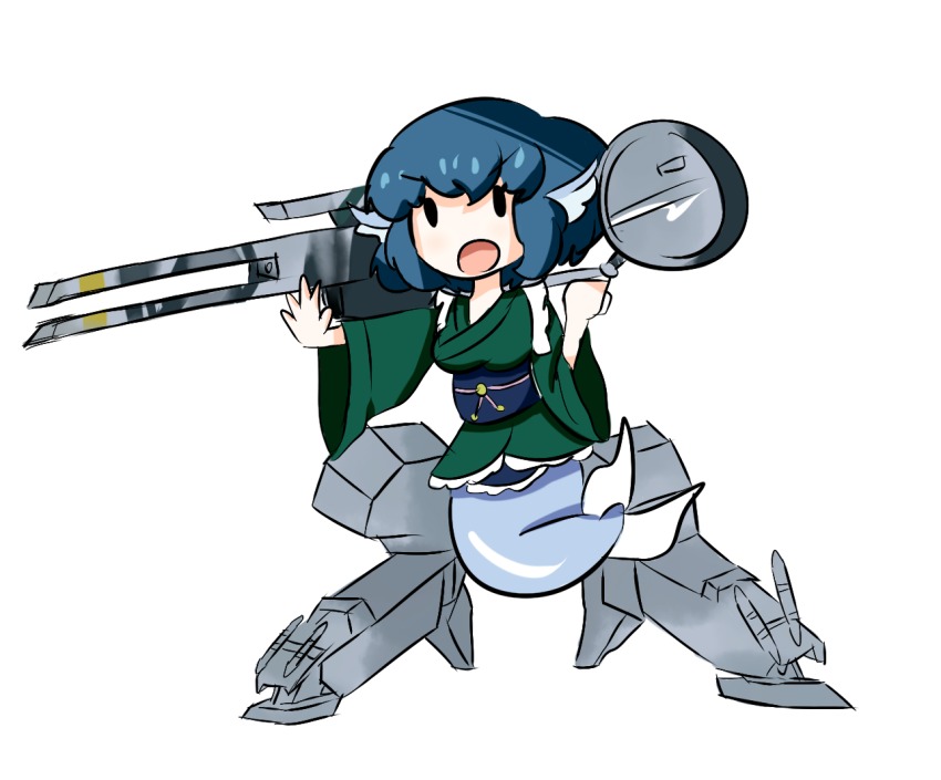 1girl blue_eyes blue_hair cannon chibi fins head_fins japanese_clothes kimono kuruma94 magnetic_weapon mecha_musume mermaid metal_gear_(series) metal_gear_rex metal_gear_solid monster_girl obi open_mouth parody railgun sash short_hair simple_background style_parody touhou wakasagihime weapon white_background
