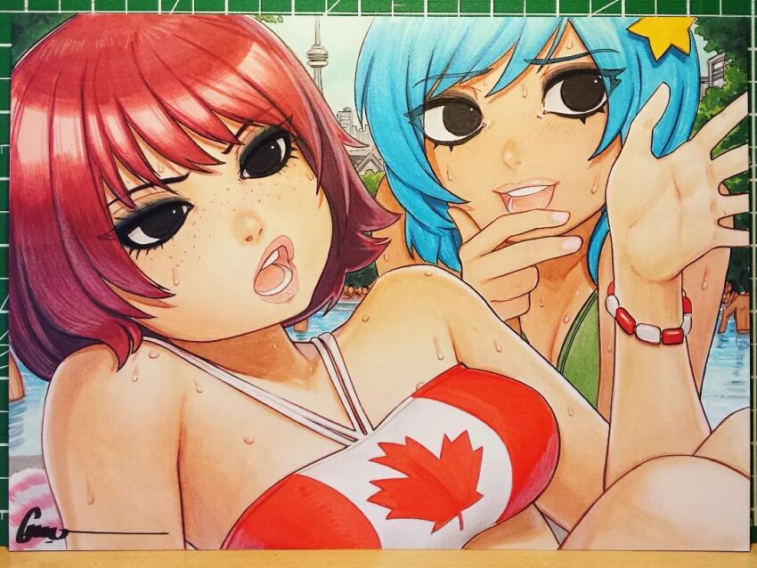2girls art_tools_in_frame artist_name bikini black_eyes blue_hair bob_cut bracelet breasts canadian_flag canadian_flag_bikini canadian_flag_print cityscape close-up cn_tower commentary english_commentary eyelashes flag_print flag_print_bikini freckles green_bikini hair_ornament halterneck hand_on_own_chin hand_up jewelry kim_pine leaf lips looking_afar looking_ahead maple_leaf marker_(medium) medium_breasts multicolored_bikini multiple_girls omar_dogan open_mouth outdoors photo_(medium) pool poolside print_bikini ramona_flowers red_bikini red_hair scott_pilgrim_(comics) scott_pilgrim_(series) short_hair signature star_(symbol) star_hair_ornament swept_bangs swimsuit talking teeth toronto towel traditional_media tree two-tone_bikini upper_teeth_only water wet white_bikini