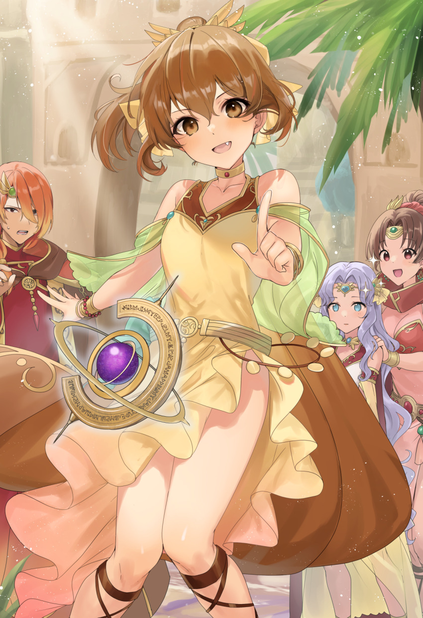 1boy 3girls alternate_costume blue_eyes breasts brown_eyes brown_hair choker circlet commission delthea_(fire_emblem) dress fang fire_emblem fire_emblem:_mystery_of_the_emblem fire_emblem:_thracia_776 fire_emblem_echoes:_shadows_of_valentia fire_emblem_heroes hair_ribbon haru_(nakajou-28) highres linde_(fire_emblem) linde_(khadein)_(fire_emblem) looking_at_viewer luthier_(fire_emblem) multiple_girls nintendo official_alternate_costume open_mouth orange_hair pixiv_commission purple_hair ribbon sara_(fire_emblem) sara_(khadein)_(fire_emblem) sleeveless sleeveless_dress sweatdrop yellow_dress