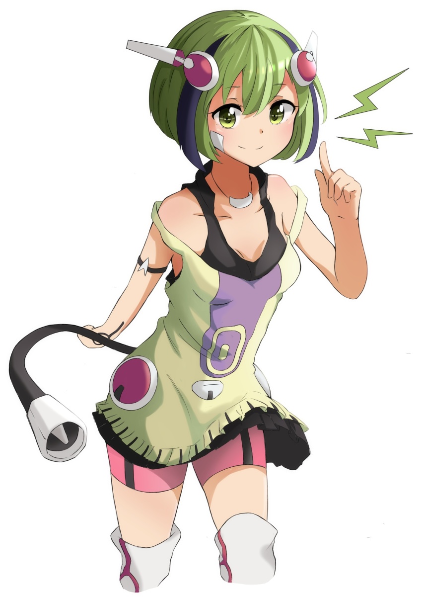 1girl android bike_shorts cable cable_tail cowboy_shot dimension_w dress female_focus green_eyes green_hair headgear highres index_finger_raised jewelry lightning_bolt_symbol looking_at_viewer mechanical_tail multicolored_hair necklace off_shoulder pekeponn short_hair shorts_under_dress smile solo streaked_hair tail two-tone_hair white_background yurizaki_mira