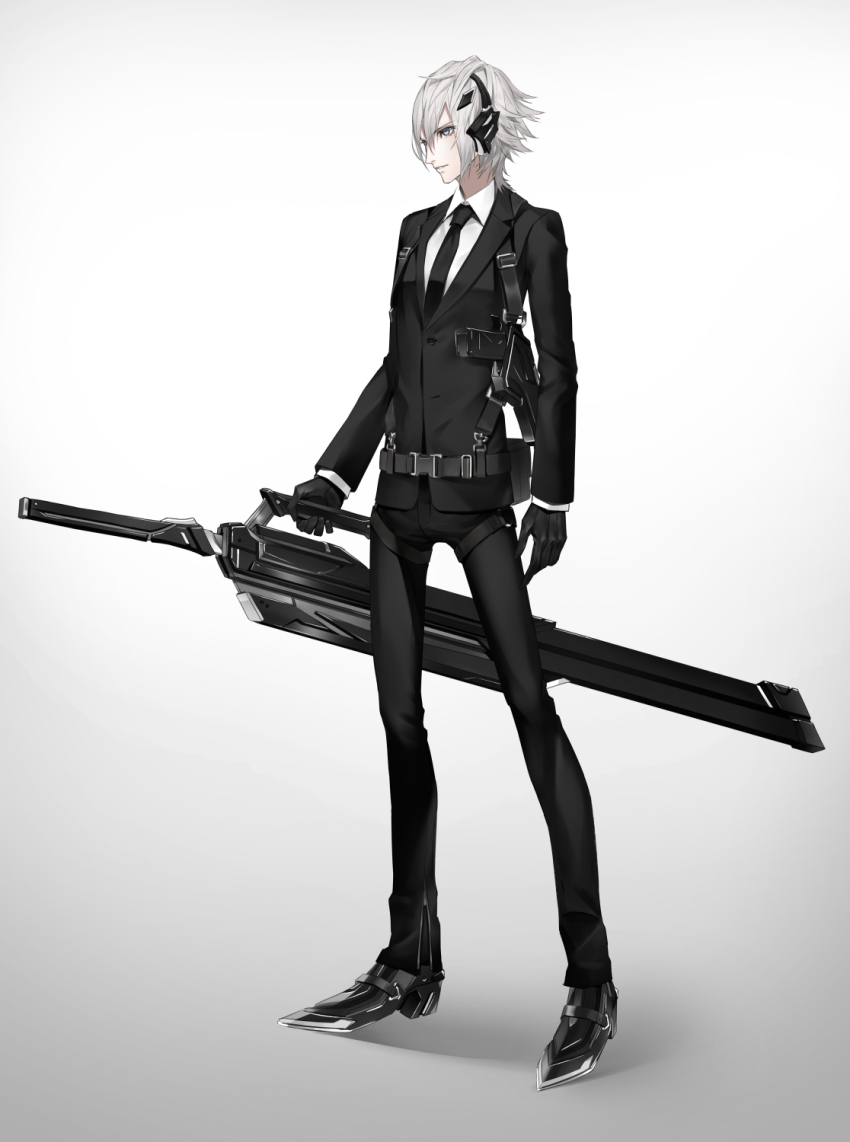 1boy black_gloves black_necktie blue_eyes formal_clothes gloves gradient_background grey_hair gun handgun highres holster holstered male_focus mecha_danshi necktie original parted_lips reckless_dog science_fiction solo standing suit sword weapon