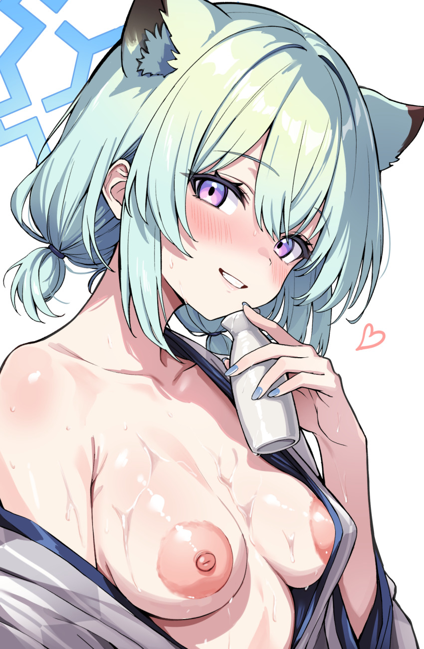 1girl animal_ear_fluff animal_ears bath_yukata blue_archive blue_halo blush bottle breasts breasts_out clothes_down commentary_request green_hair halo hand_up hayami_yoichi heart highres holding holding_bottle japanese_clothes kimono kimono_pull looking_at_viewer medium_breasts medium_hair nail_polish no_bra off_shoulder official_alternate_costume official_alternate_hairstyle open_clothes open_kimono puffy_nipples purple_eyes shigure_(blue_archive) shigure_(hot_spring)_(blue_archive) simple_background smile solo sweat tokkuri upper_body very_sweaty weasel_ears white_background yukata